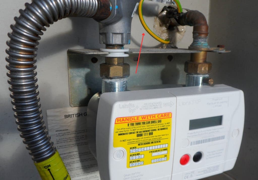 Gas meter with bonding clamp and yellow/green bonding cable